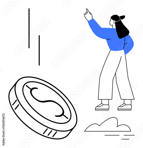 Woman gestures upward near large coin falling to ground. Ideal for finance, investment, goal-setting, financial growth, saving, decision-making, future planning. Flat simple metaphor