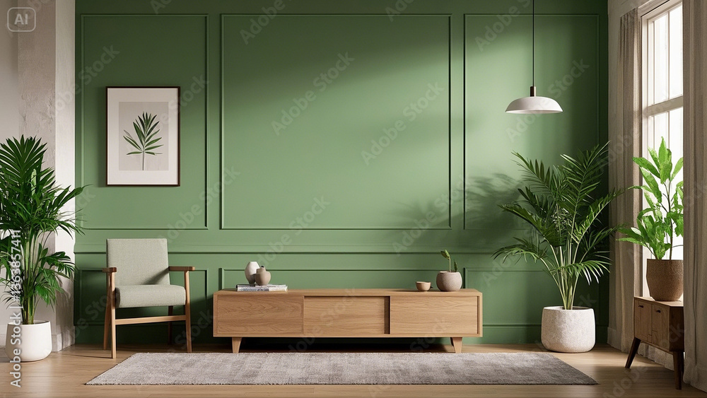 Fototapeta premium Vintage-Modern Interior Mockup with Blue-Green Walls and Framed Art