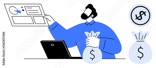 Man analyzing statistics chart while holding money bag near laptop. Ideal for finance, budget, savings, economy, strategy, investment, wealth creation themes. Flat simple metaphor