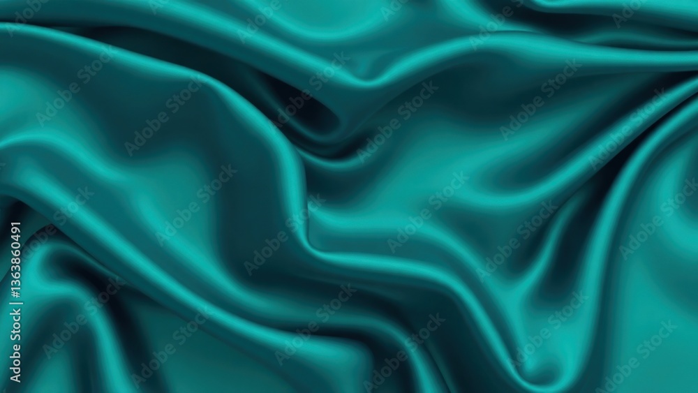 Fototapeta premium Blue green silk satin background. Soft wavy folds on smooth, shiny fabric. Dark teal luxury background with copy space for design. Web banner.