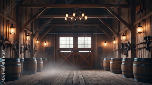 Wallpaper Mural The barn's interior is rustic, dimly lit, and features wooden walls, a double door, X pattern, high ceiling, wrought-iron chandelier, lanterns, wooden barrels, and antique tools. Torontodigital.ca