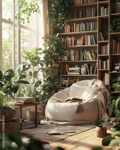 Cozy reading nook filled with greenery and sunlight
