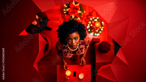 young woman in red dress on Christmas