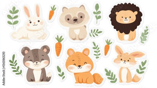 Cute cartoon animals, stickers,  white background, children's illustration, craft