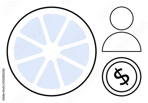 Circular segmented chart, user icon, and dollar sign coin. Ideal for finance, business planning, user analytics, teamwork, wealth division, budgeting flat simple metaphor