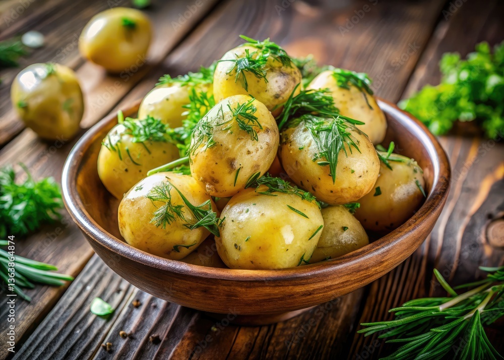 Macro Photography: Boiled New Potatoes with Fresh Dill on Rustic Wooden Table - Delicious Food Photo Macro Photography: Boiled New Potatoes with Fresh Dill on Rustic Wooden Table - Delicious Food Photo
