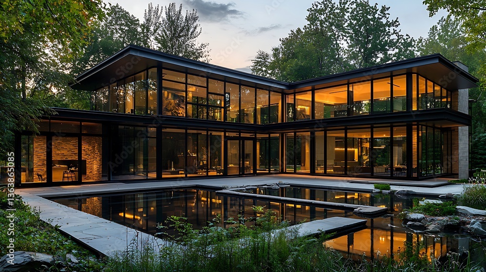 Obraz premium Minimalist architectural design with angular lines, expansive glass facades, and natural surroundings.