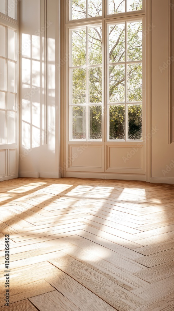 Fototapeta premium Sunlit, spacious room with hardwood floors and large windows
