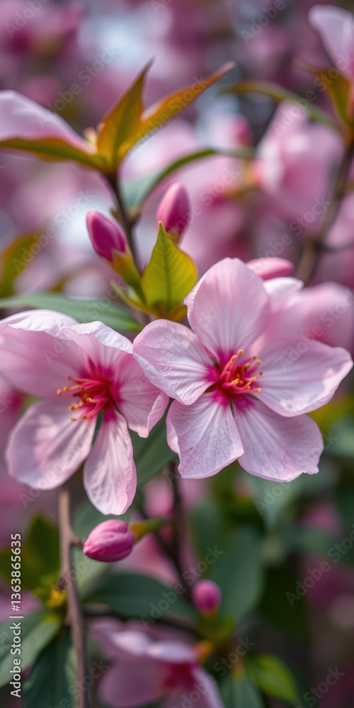 Cherry blossom tree in full bloom with delicate pink flowers and green leaves during springtime in a serene garden Cherry blossom tree in full bloom with delicate pink flowers and green leaves during springtime in a serene garden