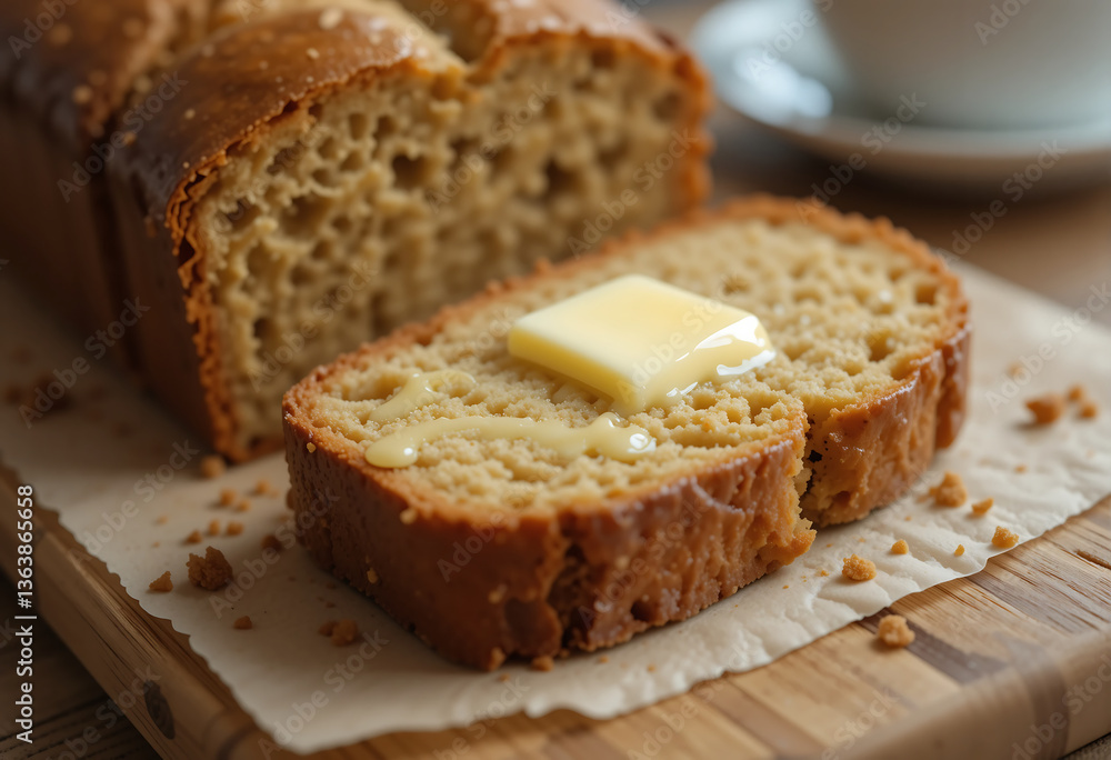 Freshly baked zucchini bread on a wooden cutting board, with a slice topped with melting butter. This inviting scene captures the warmth of home baking in a cozy kitchen atmosphere Freshly baked zucchini bread on a wooden cutting board, with a slice topped with melting butter. This inviting scene captures the warmth of home baking in a cozy kitchen atmosphere