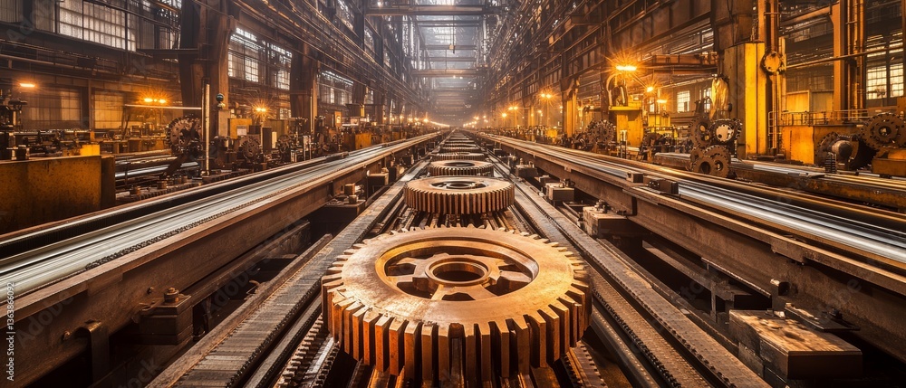 Fototapeta premium Industrial Steel Facility: Gleaming Metal Gears on Assembly Line 