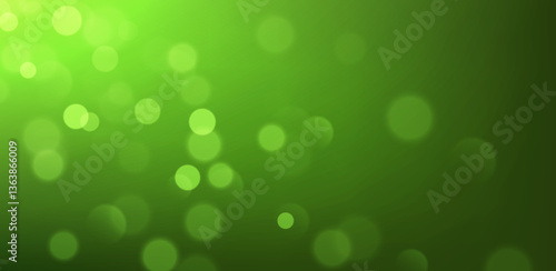 Green bokeh, blurred background with sparkling lights, blurry glitter effect. Bright soft abstract background. Vector illustration.