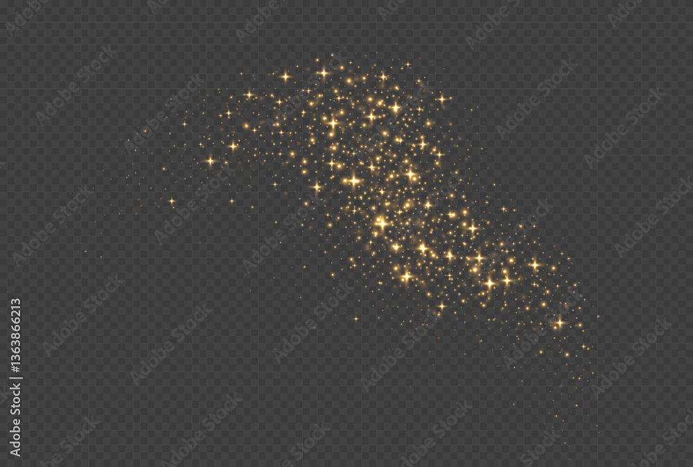 Golden sparkling stars, shiny particles light effect, transparent flying stardust texture, abstract twinkle Christmas decoration. Vector illustration.