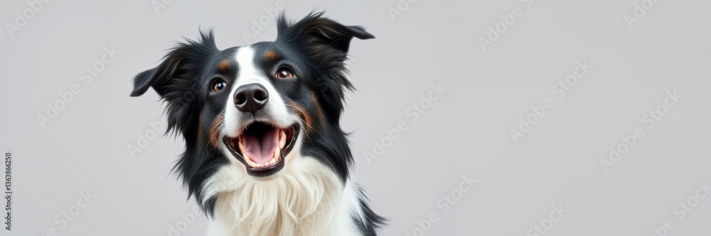 A black and white border collie dog looks directly at the camera, its mouth open in a joyful expression A black and white border collie dog looks directly at the camera, its mouth open in a joyful expression