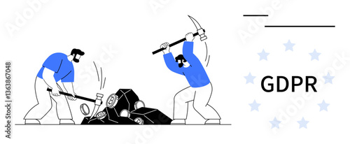 Two people in blue shirts break apart data blocks with pickaxes and hammers to symbolize GDPR compliance, data protection, privacy laws, and regulations. Ideal for cybersecurity, law, compliance