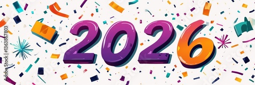 2026 New Year's celebration design with colorful confetti and fireworks.
