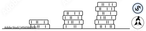 Incremental coin stacks symbolizing income growth with career progression, dollar sign for wealth and professional hierarchy. Ideal for finance, investment, savings, career growth, income levels