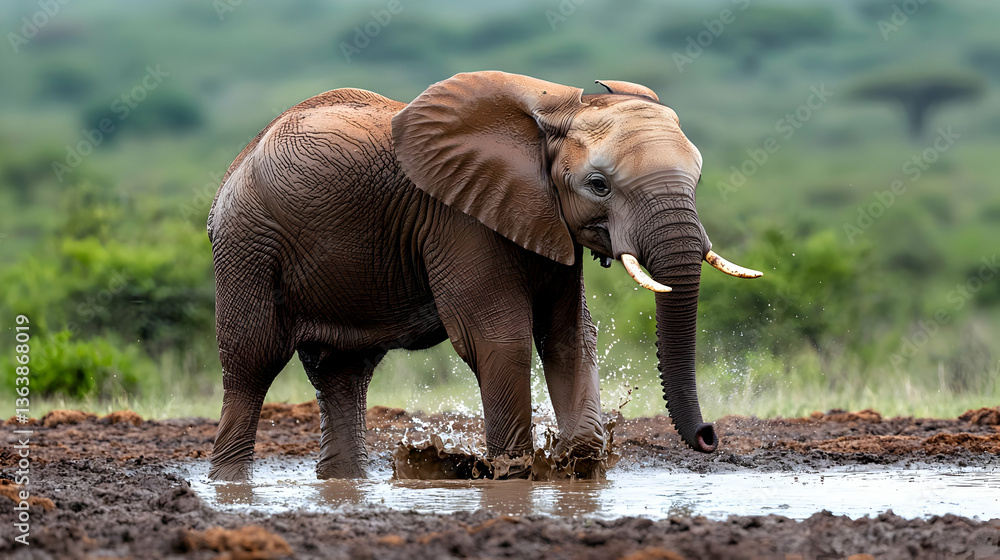 Fototapeta premium Young Elephant Splashing In Mud Puddle