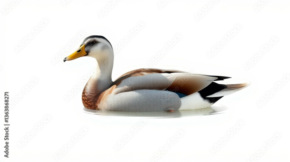 Duck swimming peacefully on a calm body of water in bright daylight, showcasing beautiful plumage and graceful movements Duck swimming peacefully on a calm body of water in bright daylight, showcasing beautiful plumage and graceful movements
