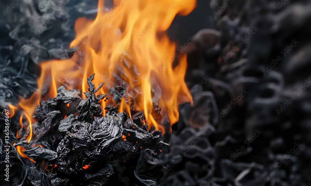 Close-up of burning paper turning to ash with orange flames and dark smoke Close-up of burning paper turning to ash with orange flames and dark smoke