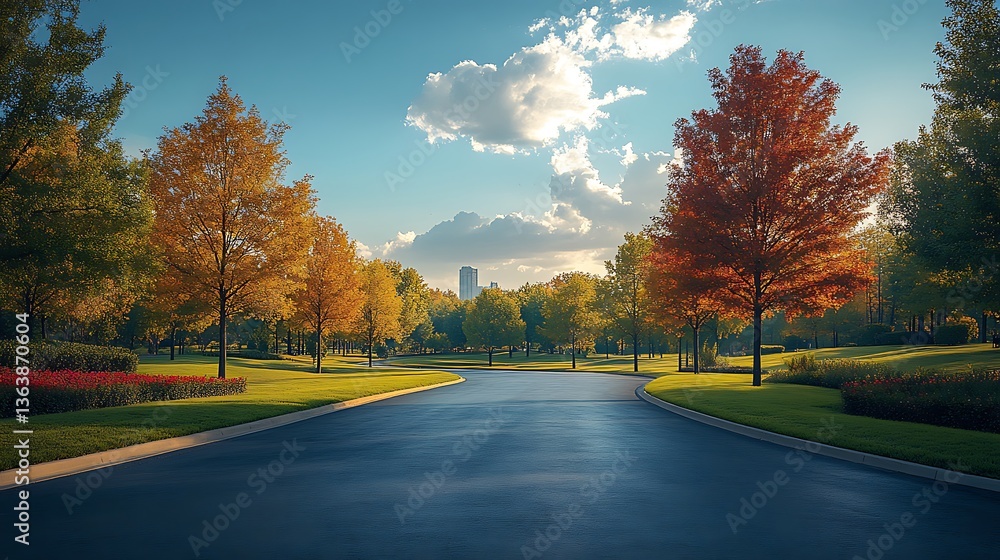 Obraz premium Scenic Park Road with Autumn Foliage, Clear Blue Sky, and Lush Green Grass Landscape Photography.