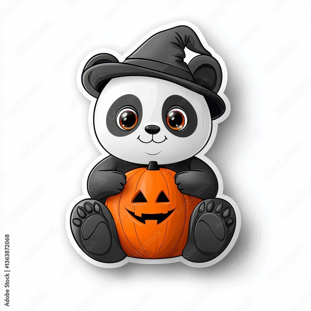 Adorable Cartoon Panda in Witch Hat with Jack o' Lantern Adorable Cartoon Panda in Witch Hat with Jack o' Lantern