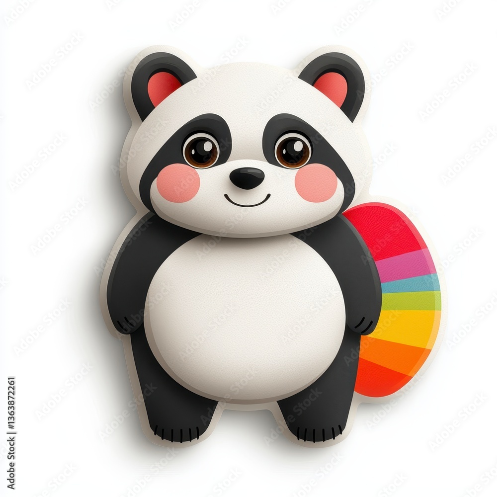 Naklejka premium Adorable Cartoon Panda with Rainbow Circle on White Background