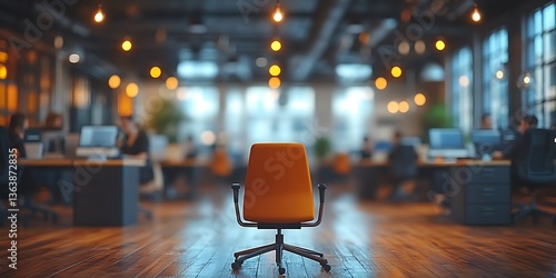 An orange office chair sits alone in a blurred workspace environment