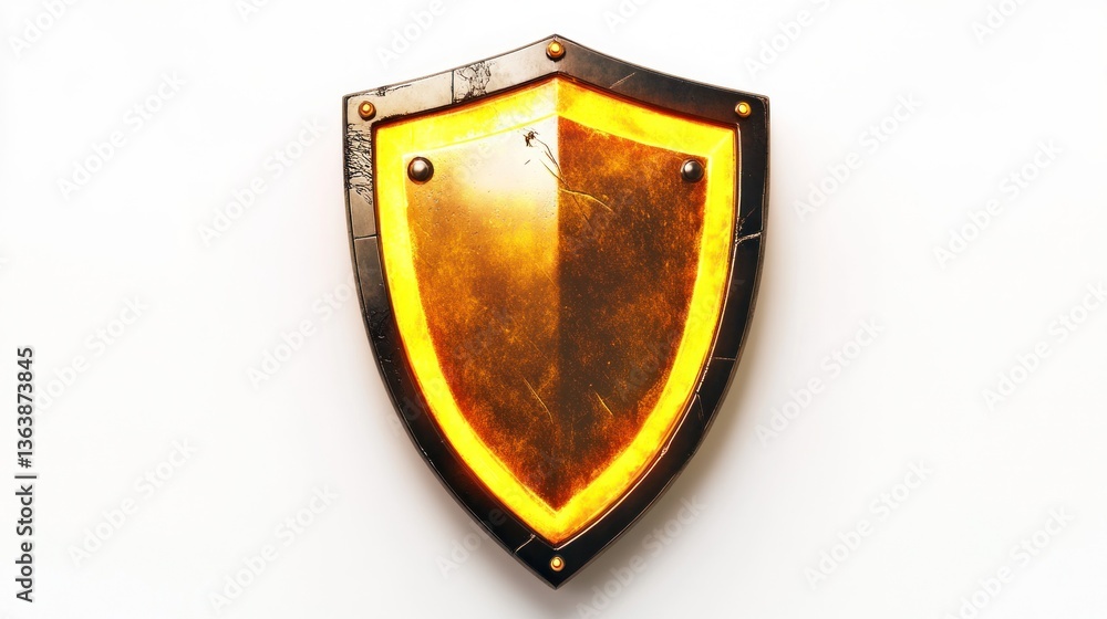 Glowing golden shield on white background; security concept