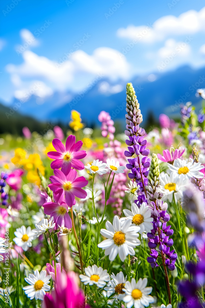 Fototapeta premium Vibrant wildflowers bloom in a sunny meadow, mountains in background
