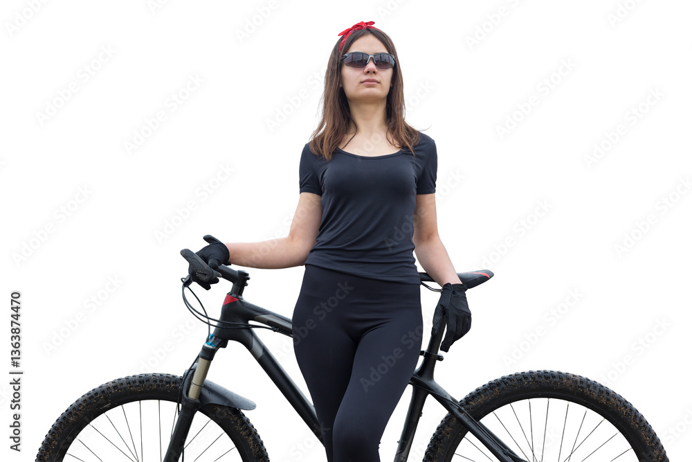 Obraz premium Young female cyclist cycling on a transparent background.