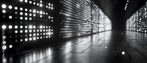 Illuminated Futuristic Corridor With Rows Of Bright Circular Lights