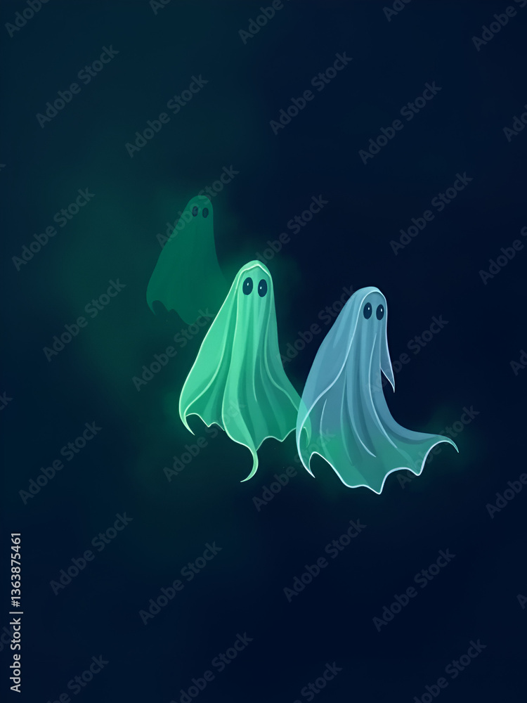 Three ghostly figures emerge from green mist on a dark background. Flickering Phantoms in the Mist. Illustration Three ghostly figures emerge from green mist on a dark background. Flickering Phantoms in the Mist. Illustration