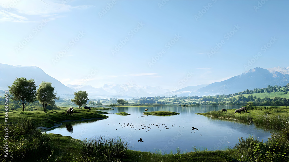 Fototapeta premium Tranquil Alpine Lake Scenery With Lush Meadow And Mountains