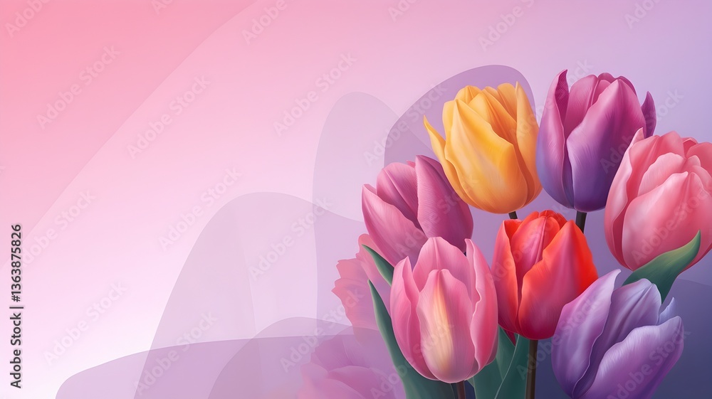 Fototapeta premium The background is a soft and romantic pink, brightly colored tulip illustration.