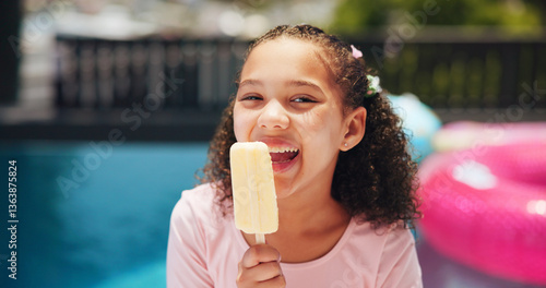 Happy girl, portrait or pool with popsicle for summer treat, holiday or vacation at luxury resort. Female person, child or kid eating with smile, dessert or ice cream for sweet or cold snack at house