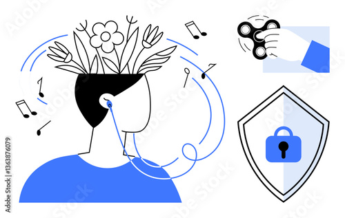 Person listening to music with floral and musical note hair, hand holding a fidget spinner, and a security lock shield. Ideal for relaxation, creativity, mental health, online privacy, concentration