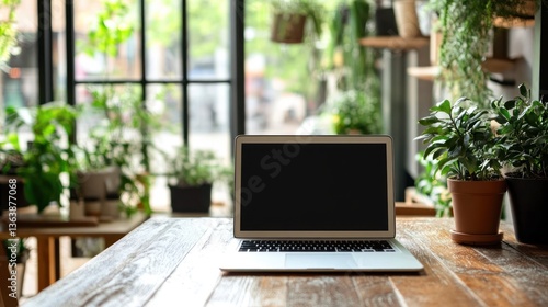 Laptop on a wooden table in a plant-filled cafe