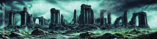 Majestic Ancient Ruins in Misty Landscape Vector Art - Atmospheric Fantasy Scene with Dramatic Skies, Mystic Atmosphere, and Enigmatic Stone Structures