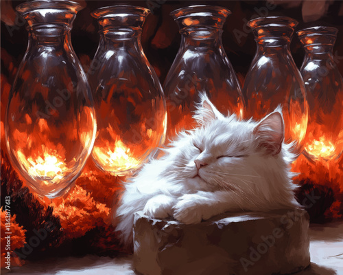 Enchanting White Cat Relaxing Amidst Cozy Candlelit Ambiance with Flickering Flames and Glass Lanterns in a Warm, Tranquil Evening Setting: A Vector Art Print