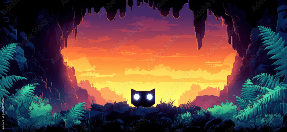 Enchanting Cave Sunset with Mysterious Cat Silhouette in Vibrant Vector Art Featuring Lush Ferns and Illuminated Sky Amidst Rocky Terrain and Clouds Enchanting Cave Sunset with Mysterious Cat Silhouette in Vibrant Vector Art Featuring Lush Ferns and Illuminated Sky Amidst Rocky Terrain and Clouds