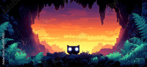 Enchanting Cave Sunset with Mysterious Cat Silhouette in Vibrant Vector Art Featuring Lush Ferns and Illuminated Sky Amidst Rocky Terrain and Clouds