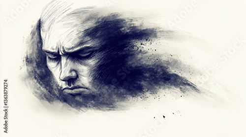 Dramatic Pencil Sketch of Melancholic Face in Abstract Vector Art Style with Emotional Expression and Textured Shadowing for Artistic Designs and Graphic Projects