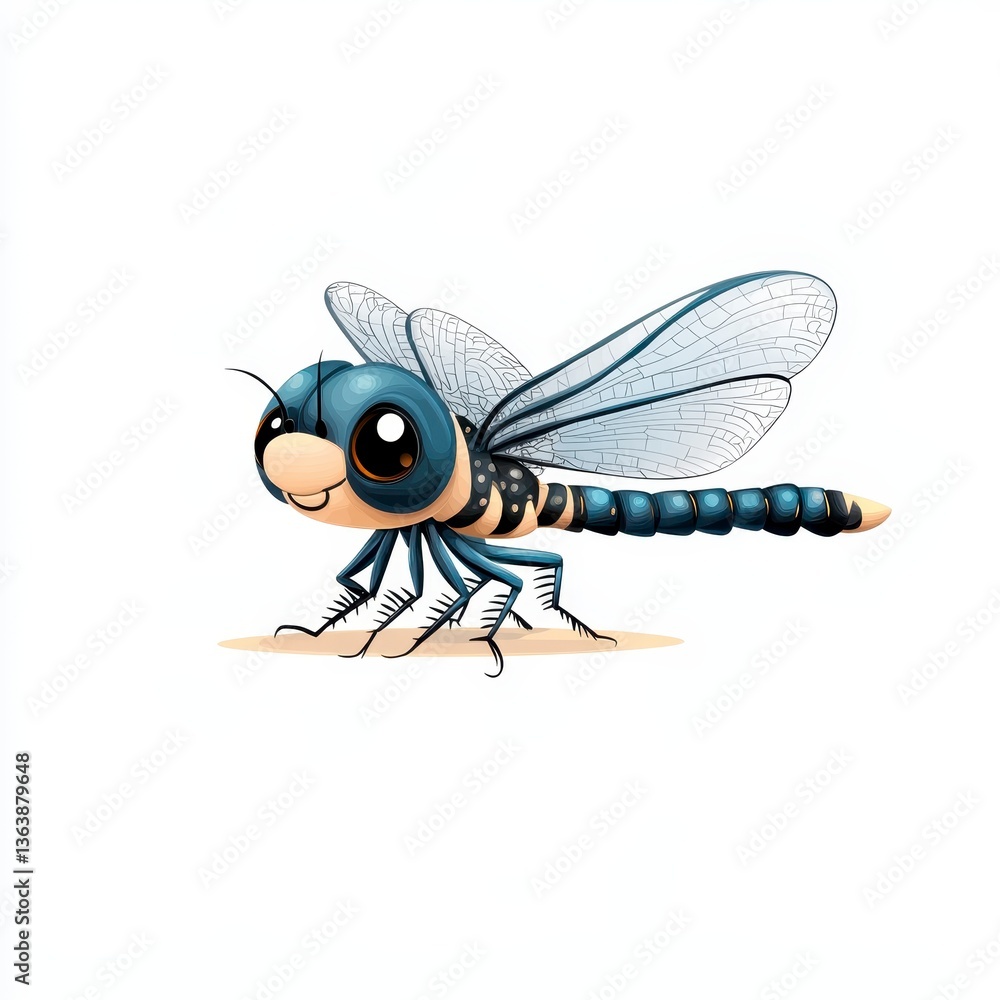 Fototapeta premium Cute Cartoon Dragonfly Illustration Digital Painting Blue Black Body Large Eyes White Background