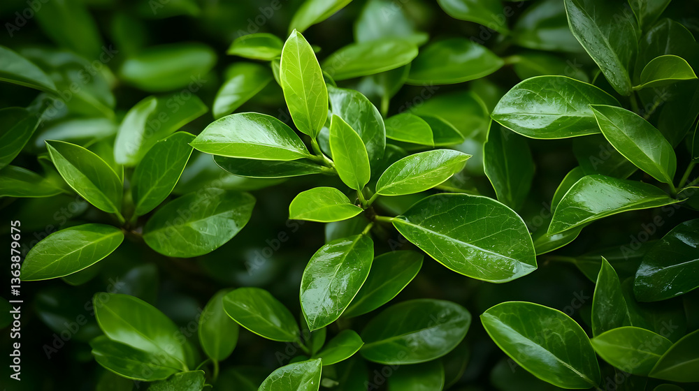 Close Up Of Lush Green Leaves With Raindrops On Dark Background In Nature Scene Close Up Of Lush Green Leaves With Raindrops On Dark Background In Nature Scene