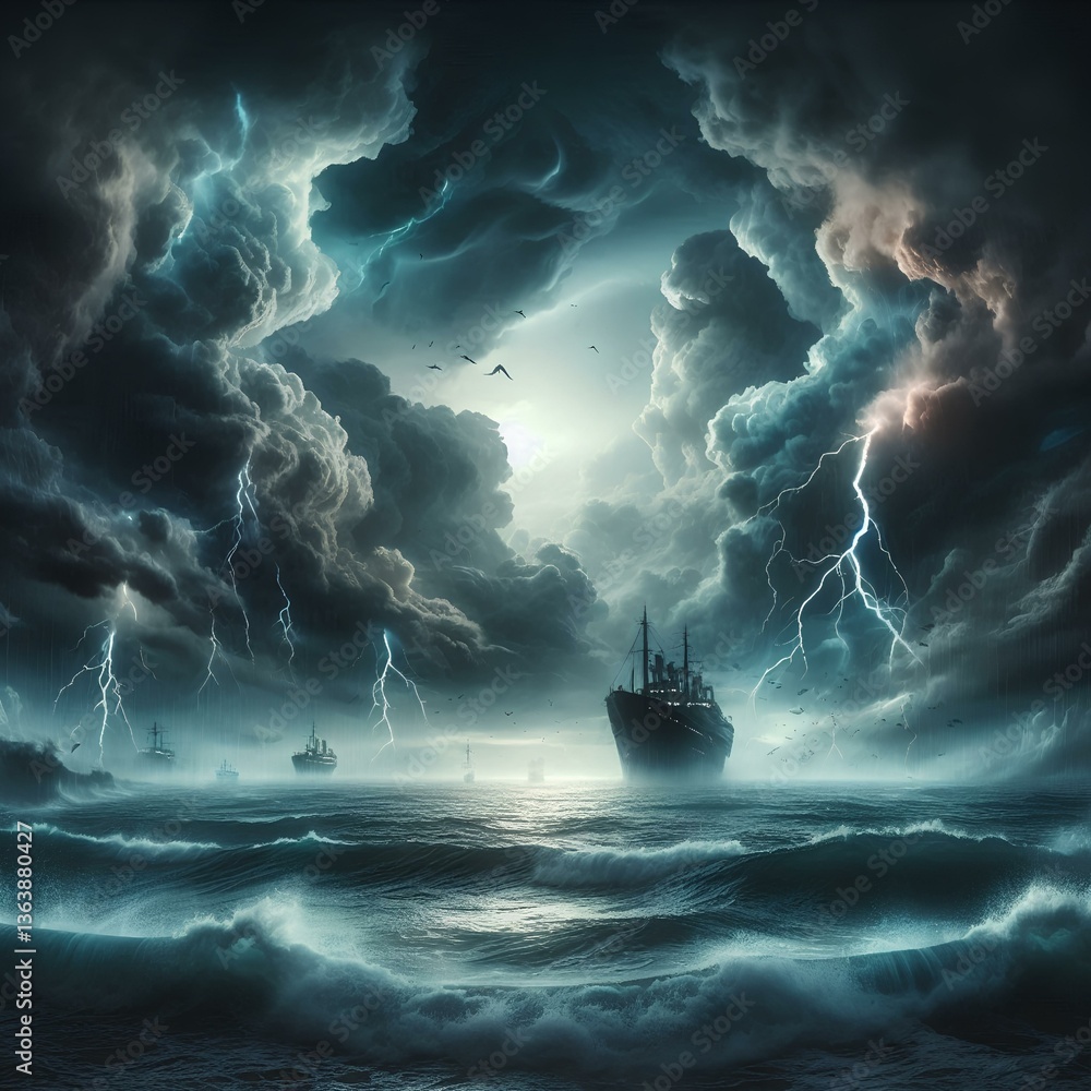 Fototapeta premium Sea ​​storm with thick clouds and floating ships