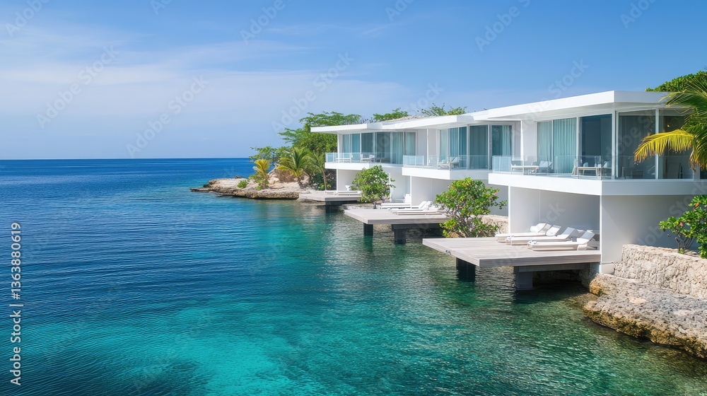Fototapeta premium Modern beachfront hotel with sleek white architecture, palm-lined walkways, and a private beach cove with crystal-clear waters. A relaxing paradise. Copy space included.