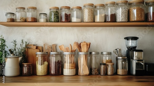 Organized kitchen pantry with glass jars and wooden utensils
