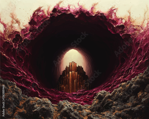 Majestic Abstract Vector Art: Dramatic Maroon Swirl with Glowing Geometric Cavern and Golden Stalagmites Amidst Dark Rock in Stunning Surreal Landscape