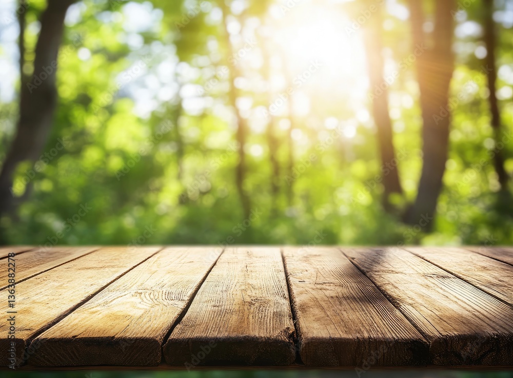 Empty wooden table in a forest Empty wooden table in a forest